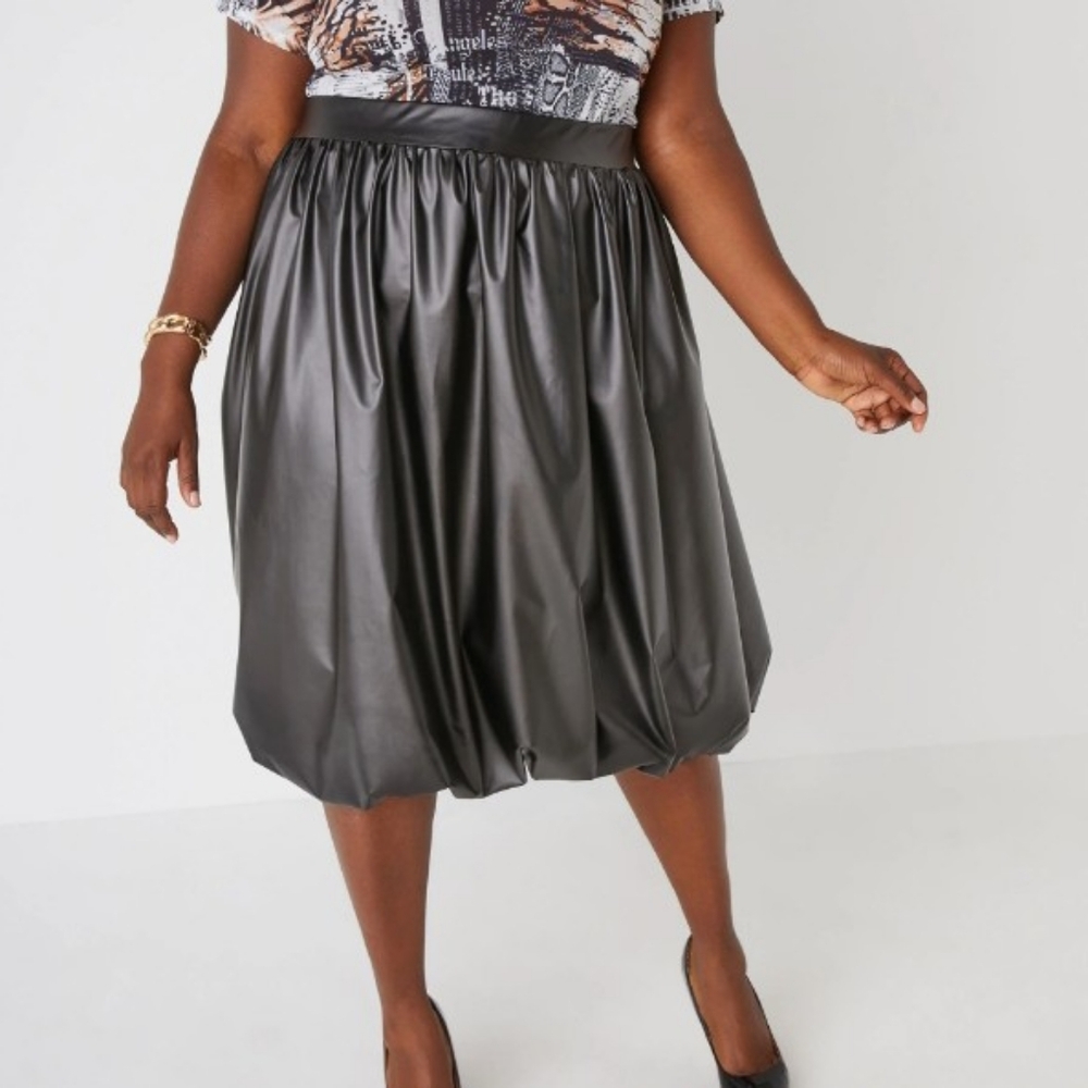 Ashley Stewart Elegant Black Faux Leather Balloon Skirt